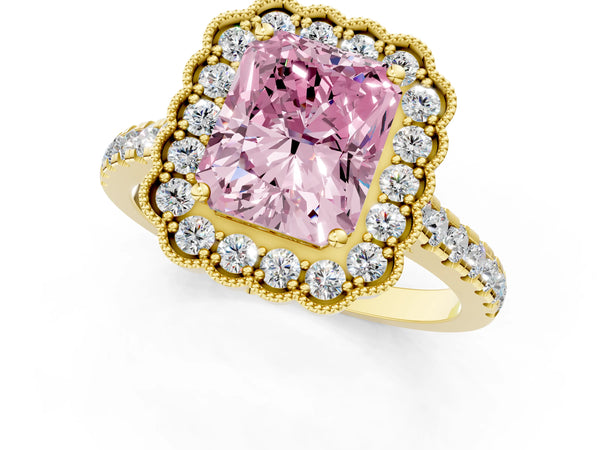 Yellow gold Fancy Pink Radiant  Cut Diamond Milgrain Floral Halo Engagement Ring with Pavé Band