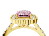 Yellow gold Fancy Pink Radiant  Cut Diamond Milgrain Floral Halo Engagement Ring with Pavé Band_43