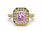 Yellow gold Fancy Pink Radiant Cut Diamond Milgrain Halo Engagement Ring with Round Pavé Band and Prong Setting_15