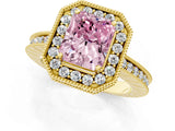 Yellow gold Fancy Pink Radiant Cut Diamond Milgrain Halo Engagement Ring with Round Pavé Band and Prong Setting_16