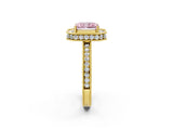 Yellow gold Fancy Pink Radiant Cut Diamond Milgrain Halo Engagement Ring with Round Pavé Band and Prong Setting_17
