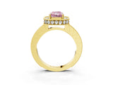 Yellow gold Fancy Pink Radiant Cut Diamond Milgrain Halo Engagement Ring with Round Pavé Band and Prong Setting_18