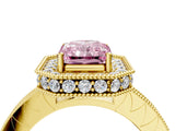 Yellow gold Fancy Pink Radiant Cut Diamond Milgrain Halo Engagement Ring with Round Pavé Band and Prong Setting_19