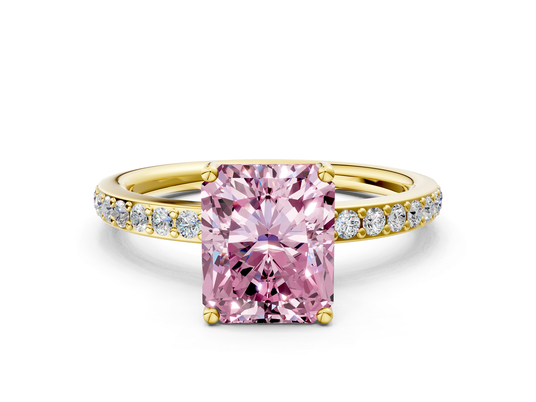 Yellow gold Fancy Pink Radiant  Cut Diamond Pavé Band Ring with Four-Prong Setting_23