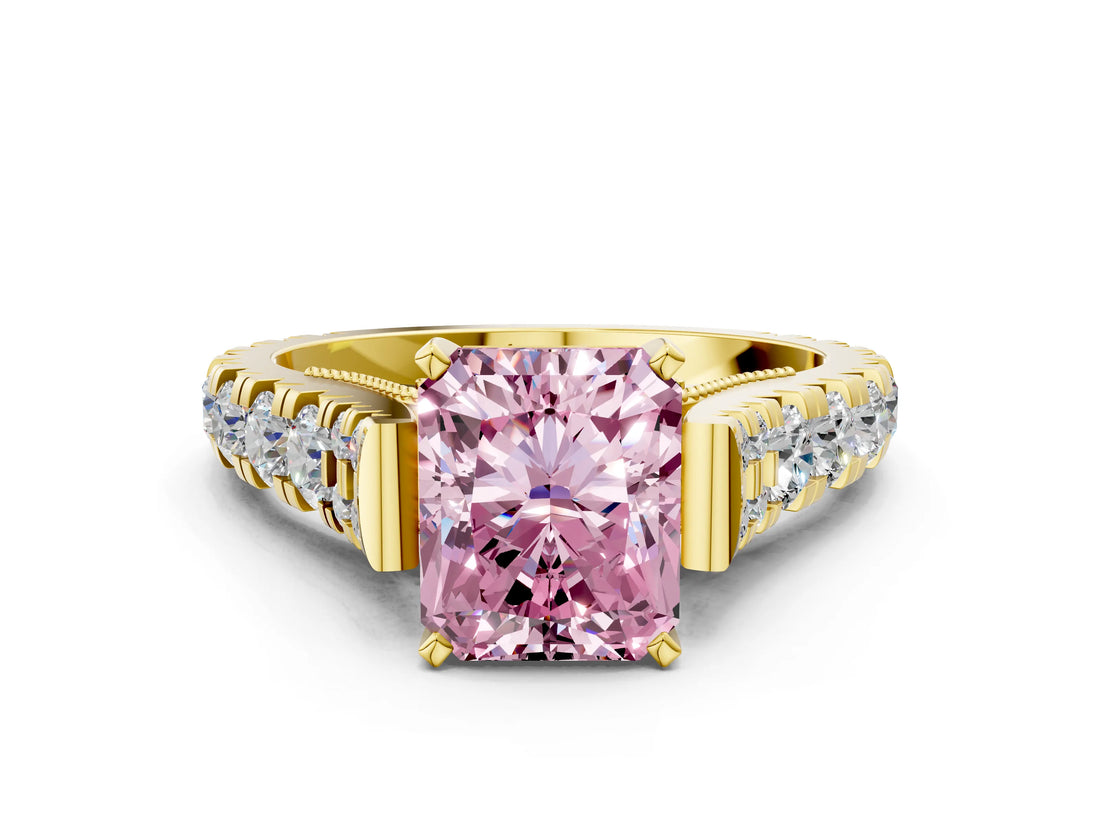 Yellow gold Fancy Pink Radiant  Cut Diamond Pavé Band Solitaire with Four-Prong Setting_15