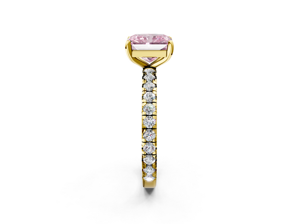 Yellow gold Fancy Pink Radiant  Cut Diamond Pavé Band with Four-Prong Setting