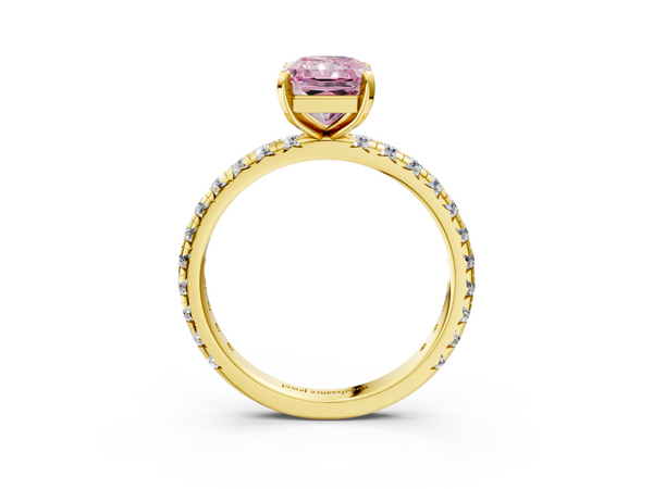 Yellow gold Fancy Pink Radiant  Cut Diamond Pavé Band with Four-Prong Setting