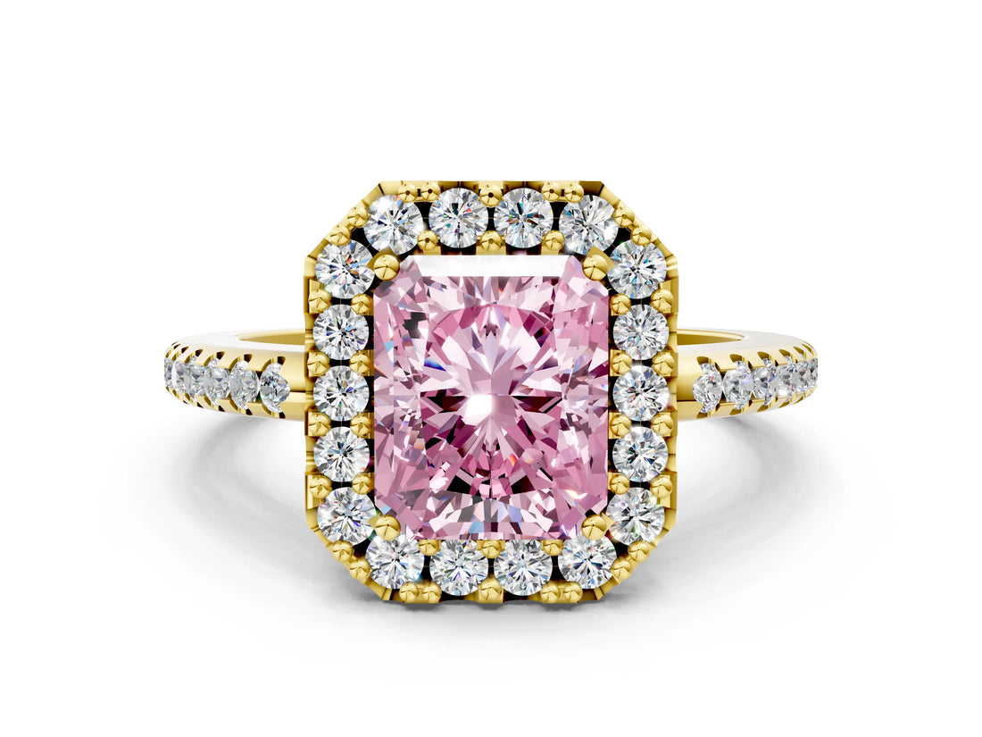 Yellow gold Fancy Pink Radiant Cut Diamond Pavé Halo Ring with Four-Prong Setting_36