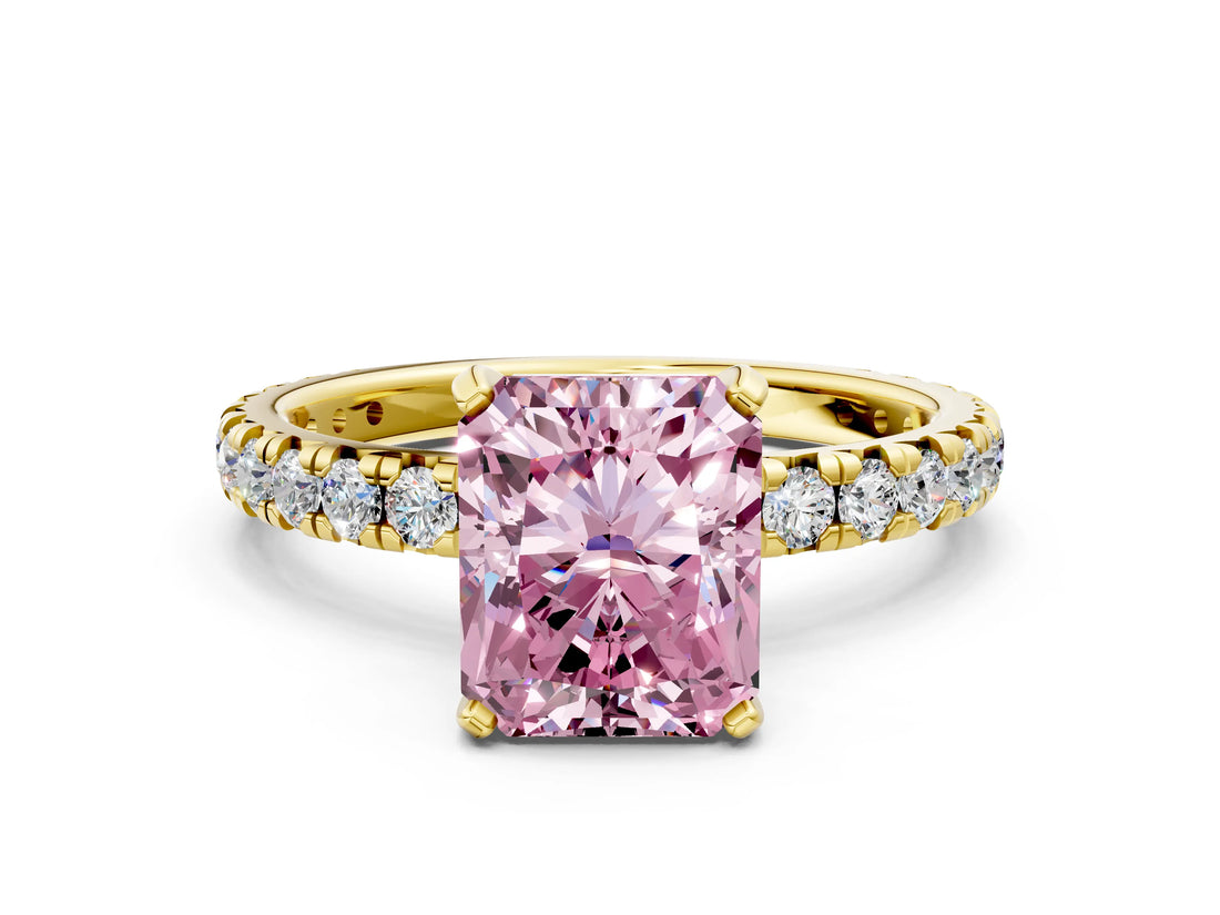 Yellow gold Fancy Pink Radiant Cut Diamond Pavé Solitaire Ring with Round Band and Prong Setting_12