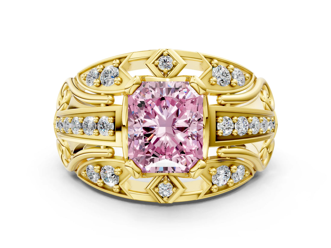 Yellow gold Fancy Pink Radiant Cut Diamond Pave Art Deco Split Shank Ring with Four-Prong Setting