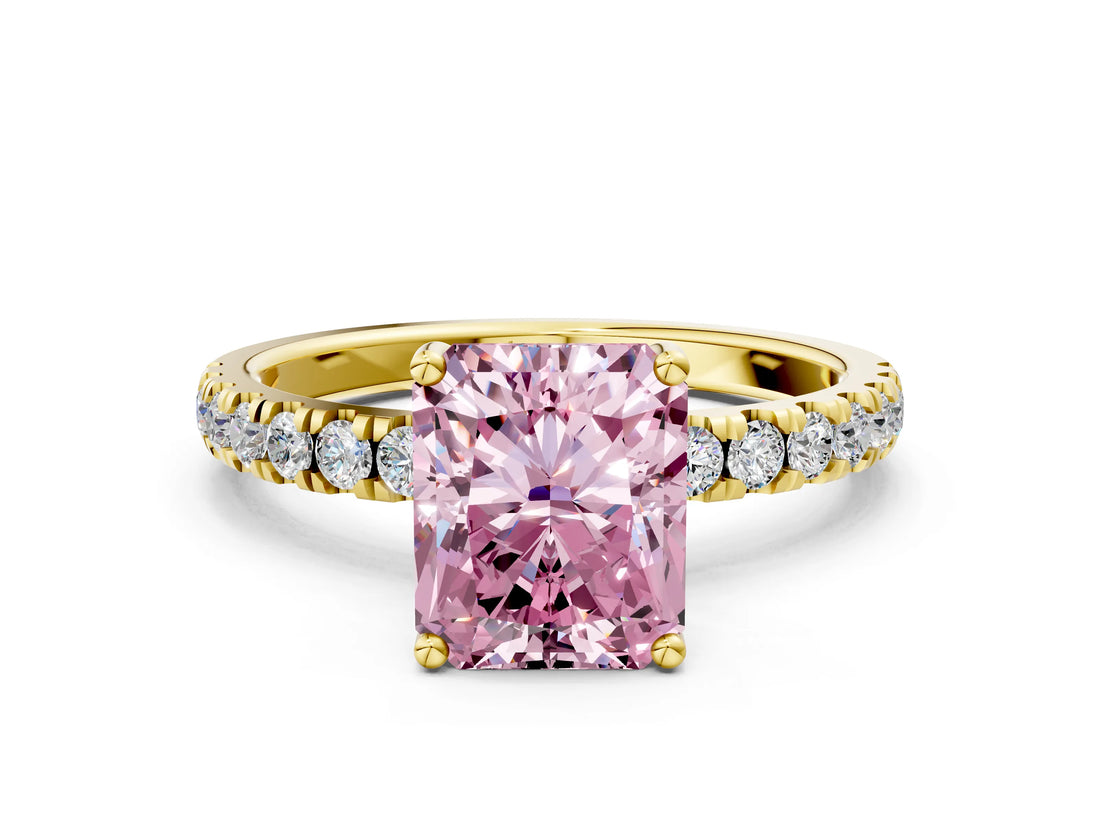 Yellow gold Fancy Pink Radiant Cut Diamond Pave Band Solitaire Ring with Four-Prong Setting_58