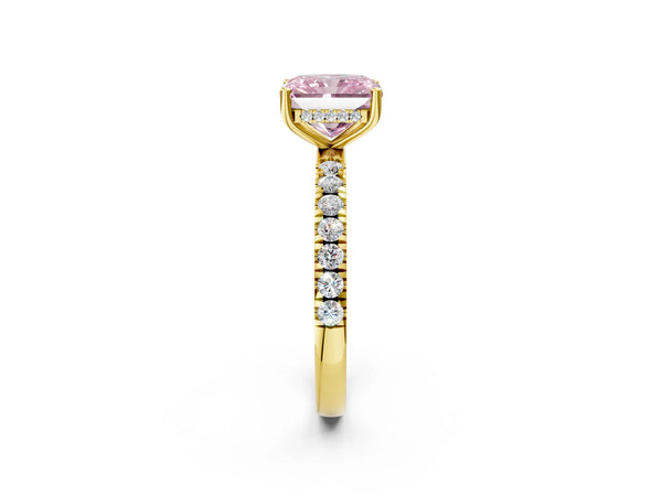 Yellow gold Fancy Pink Radiant Cut Diamond Pave Band Solitaire Ring with Round  and Prong Setting
