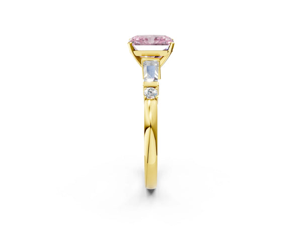 Yellow Gold Radiant Cut Engagement Ring Setting for Fancy Pink Center with Bar Set Tapered Baguettes