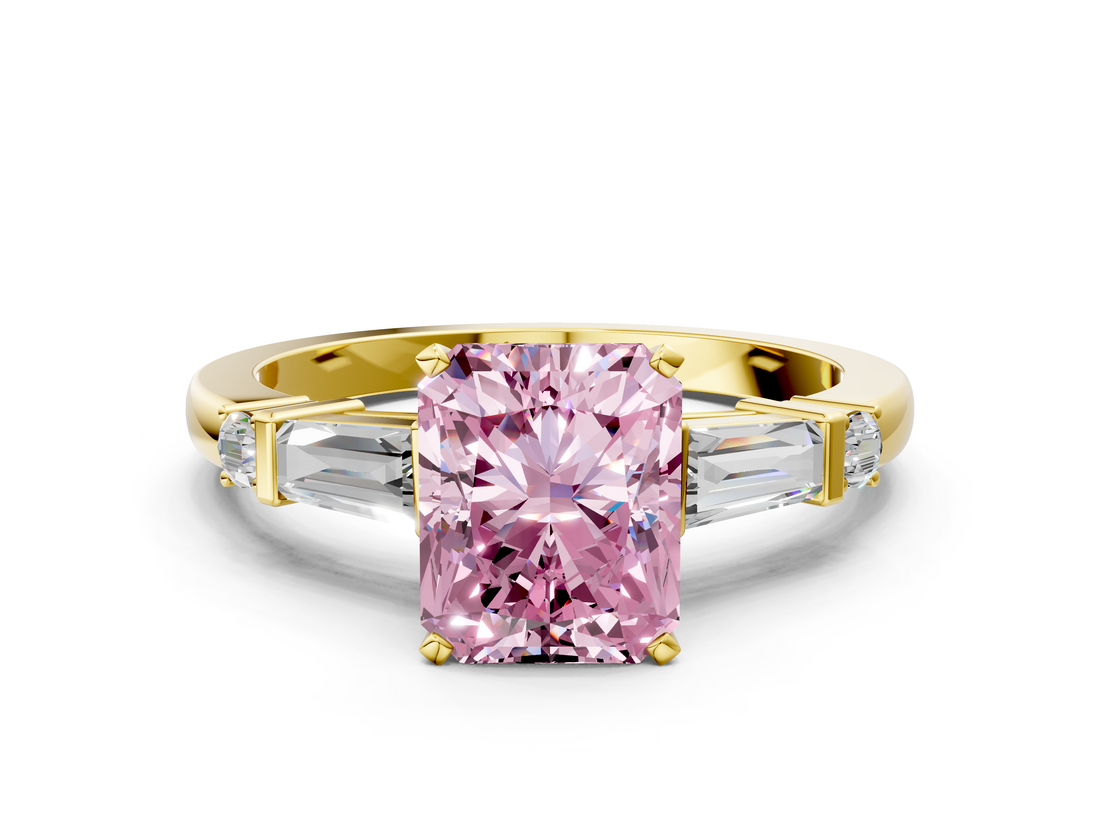 Yellow gold Fancy Pink Radiant  Cut Diamond Ring with Baguette Side Stones, Channel Set Band, and Four-Prong Setting_3