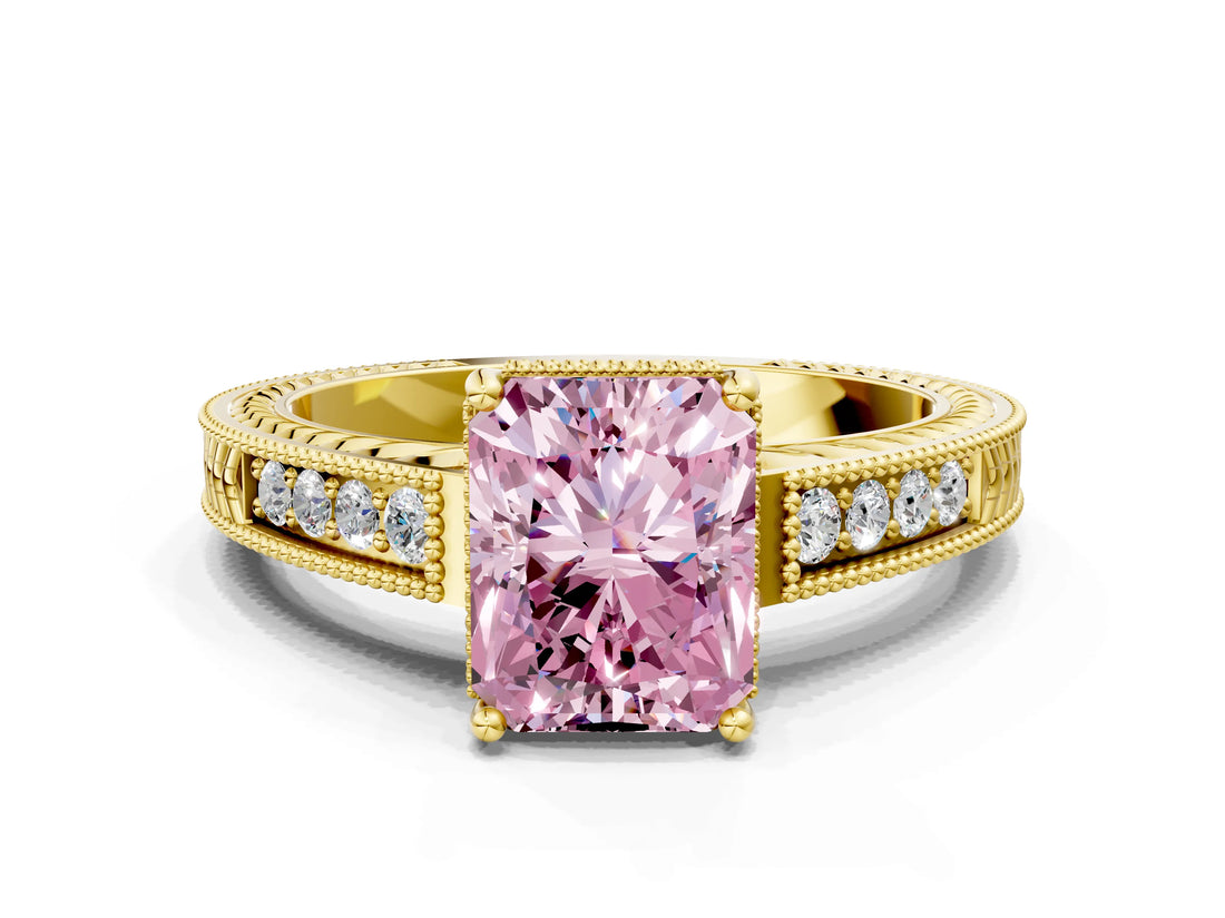 Yellow gold Fancy Pink Radiant Cut Diamond Ring with Milgrain Pavé Band and Four-Prong Setting_23