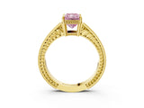 Yellow gold Fancy Pink Radiant Cut Diamond Ring with Milgrain Pavé Band and Four-Prong Setting_26