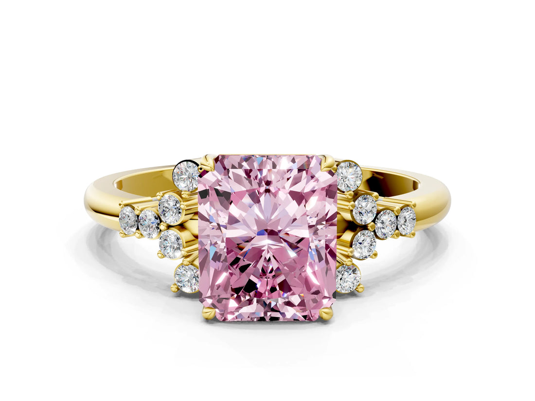 Yellow gold Fancy Pink Radiant Cut Diamond Ring with Side Stones and Four-Prong Setting_78