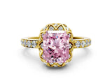Yellow gold Fancy Pink Radiant Cut Diamond Scalloped Halo Engagement Ring with Round Shared Prong Band_12