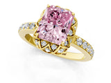 Yellow gold Fancy Pink Radiant Cut Diamond Scalloped Halo Engagement Ring with Round Shared Prong Band_13