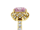 Yellow gold Fancy Pink Radiant Cut Diamond Scalloped Halo Engagement Ring with Round Shared Prong Band_17