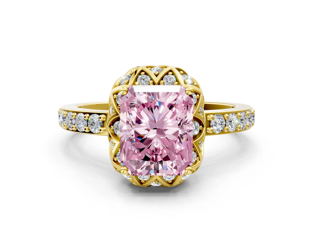 Yellow gold Fancy Pink Radiant Cut Diamond Scalloped Halo Engagement Ring with Round Shared Prong Band_24