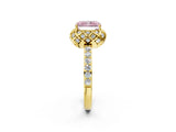 Yellow gold Fancy Pink Radiant Cut Diamond Scalloped Halo Engagement Ring with Round Shared Prong Band_26