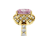 Yellow gold Fancy Pink Radiant Cut Diamond Scalloped Halo Engagement Ring with Round Shared Prong Band_29
