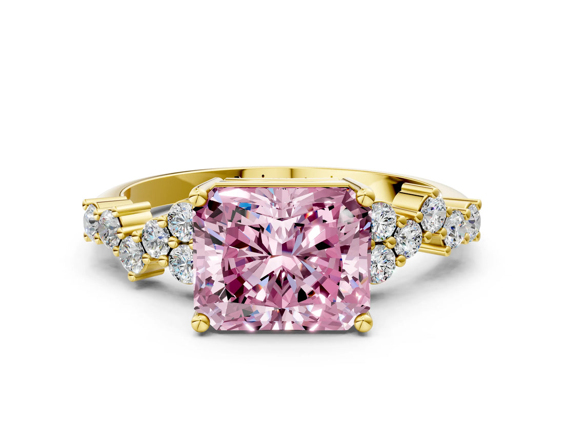 Yellow gold Fancy Pink Radiant Cut Diamond Scattered Round Accent Ring with Prong Setting_12