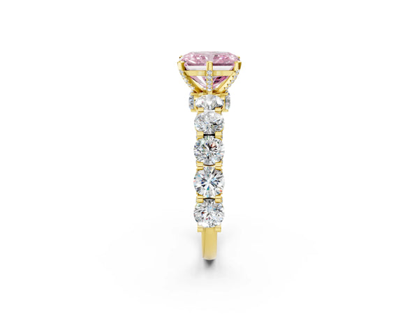 Yellow Gold Radiant Cut Side Stone Engagement Ring Setting for Fancy Pink Center with Hidden Halo