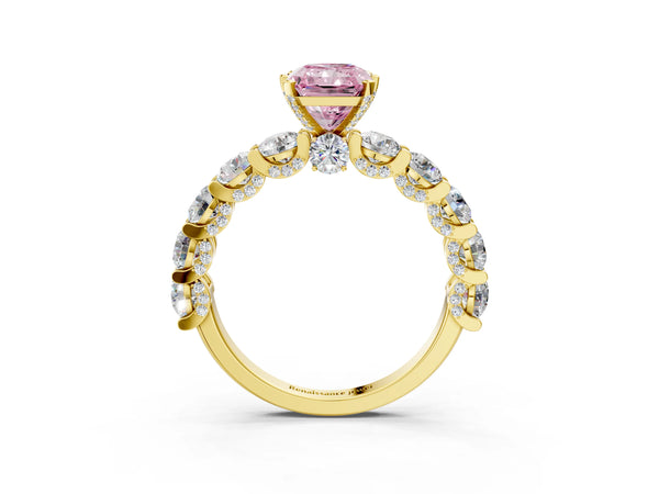 Yellow Gold Radiant Cut Side Stone Engagement Ring Setting for Fancy Pink Center with Hidden Halo