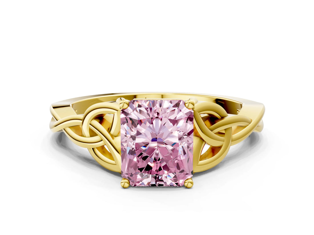 Yellow gold Fancy Pink Radiant Cut Diamond Solitaire Celtic Knot Ring with Four-Prong Setting_32