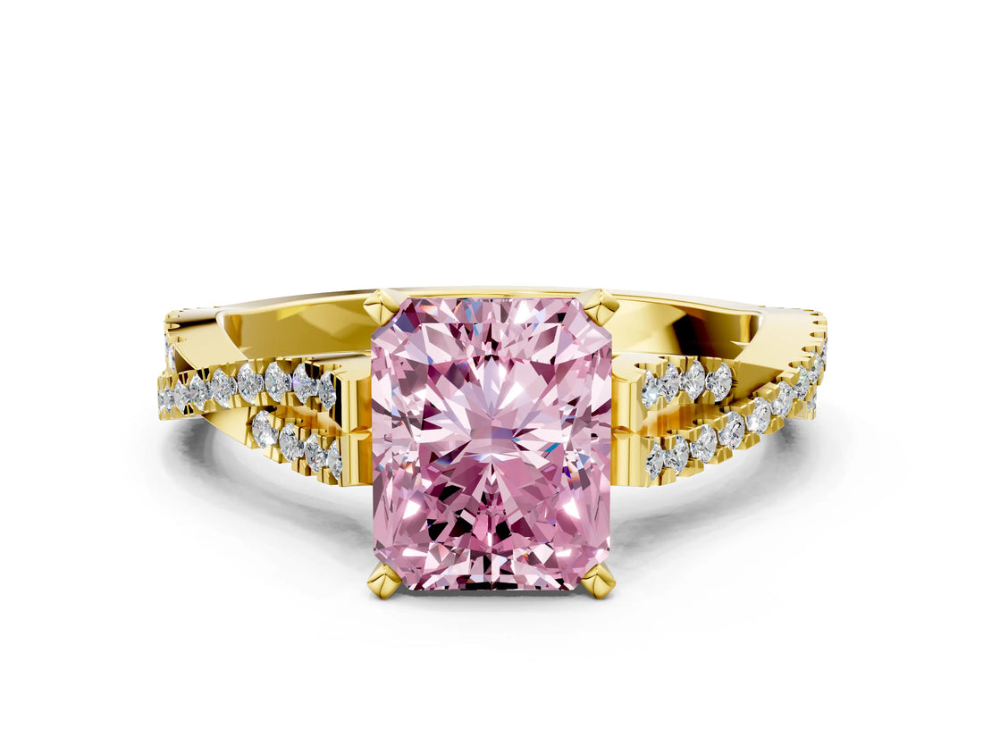 Yellow gold Fancy Pink Radiant Cut Diamond Solitaire Engagement Ring with Twisted Pavé Band and Four-Prong Setting_43