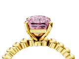 Yellow gold Fancy Pink Radiant Cut Diamond Solitaire Ring with Beaded Band and Prong Setting_300