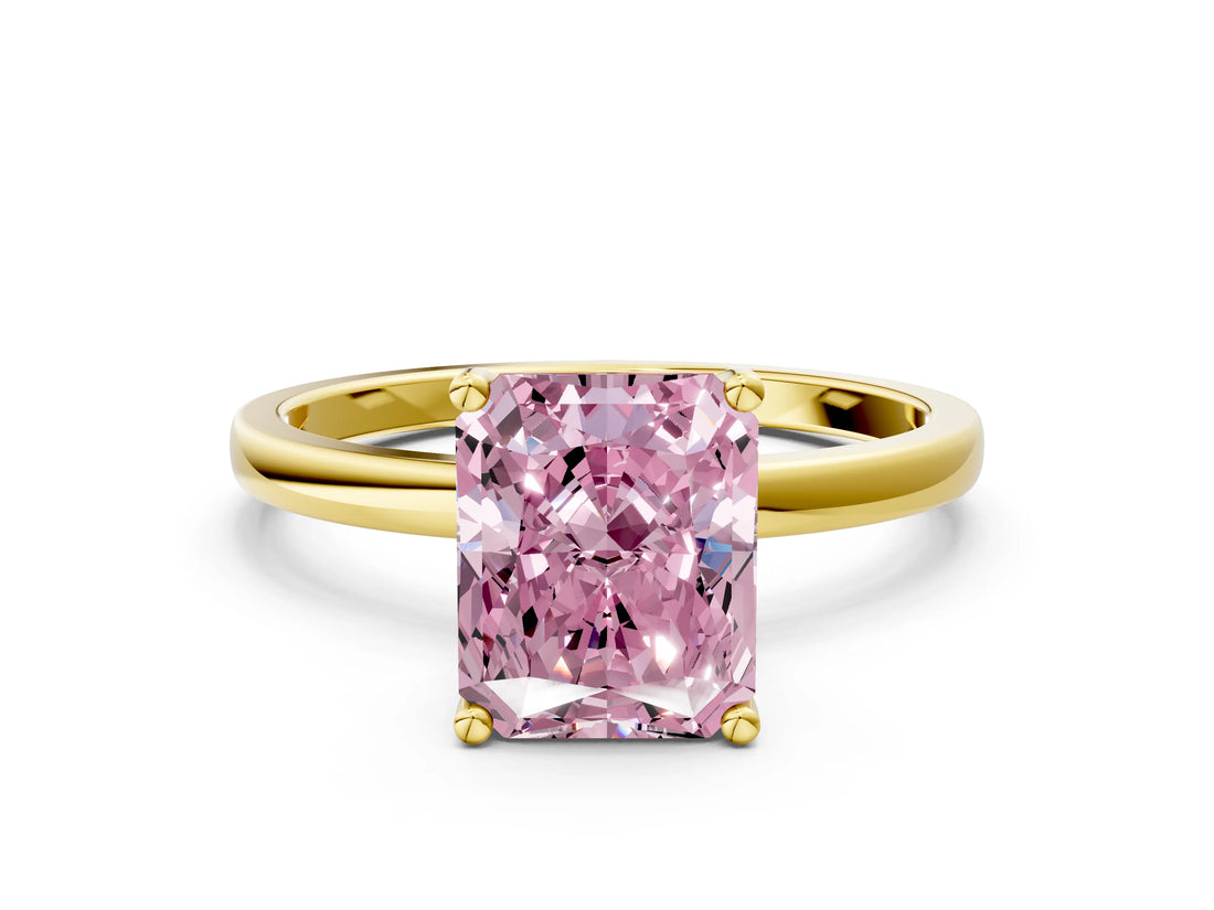 Yellow gold Fancy Pink Radiant Cut Diamond Solitaire Ring with Classic Band and Four-Prong Setting