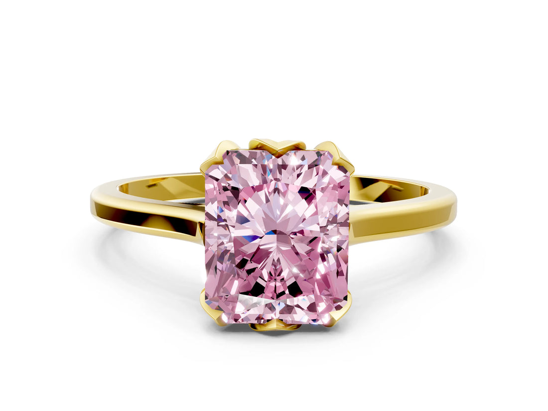 Yellow gold Fancy Pink Radiant Cut Diamond Solitaire Ring with Flower Prong Setting and Classic Band_36