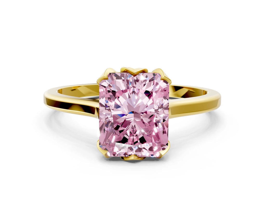 Yellow gold Fancy Pink Radiant Cut Diamond Solitaire Ring with Flower Prong Setting and Classic Band_84