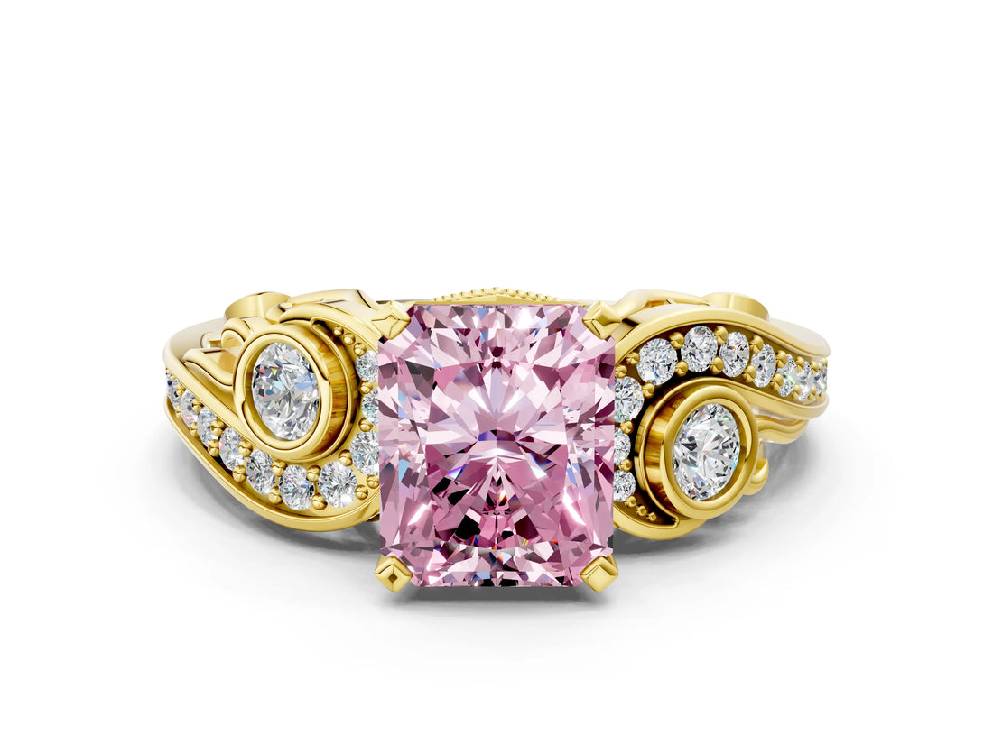 Yellow gold Fancy Pink Radiant Cut Diamond Solitaire Ring with Milgrain Pavé Band and Four-Prong Setting_153