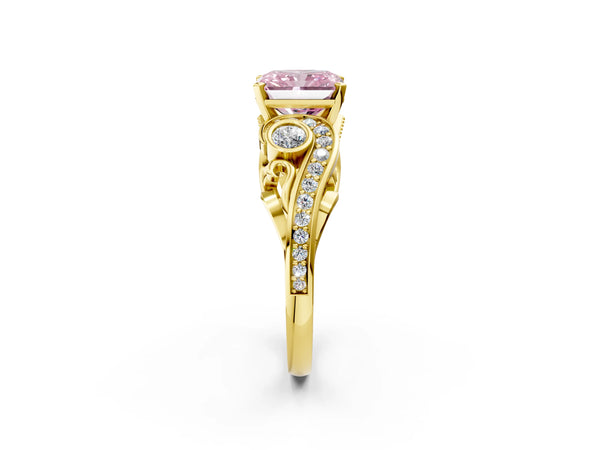 Yellow gold Fancy Pink Radiant Cut Diamond Solitaire Ring with Milgrain Pavé Band and Four-Prong Setting
