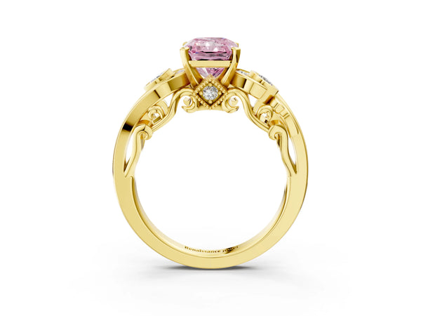 Yellow gold Fancy Pink Radiant Cut Diamond Solitaire Ring with Milgrain Pavé Band and Four-Prong Setting