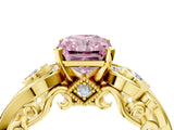 Yellow gold Fancy Pink Radiant Cut Diamond Solitaire Ring with Milgrain Pavé Band and Four-Prong Setting_157