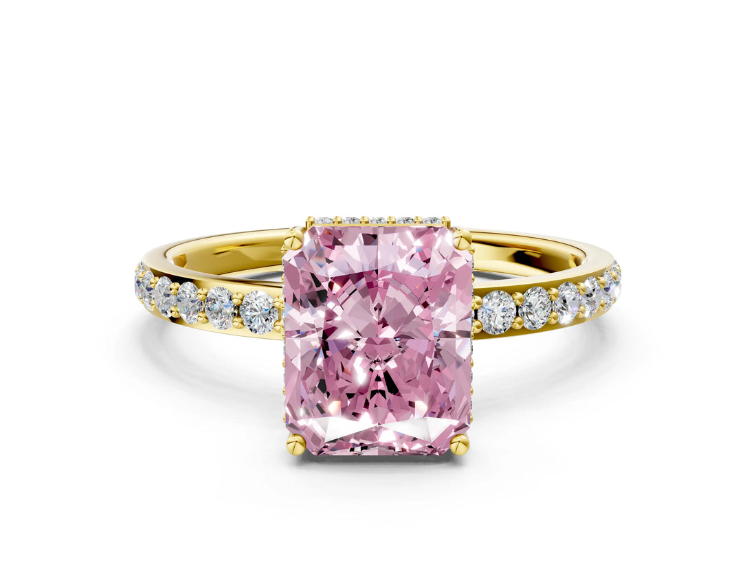 Yellow gold Fancy Pink Radiant Cut Diamond Solitaire Ring with Pavé Band and Hidden Halo_20