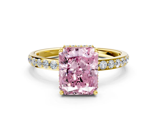 Yellow gold Fancy Pink Radiant Cut Diamond Solitaire Ring with Pavé Band and Hidden Halo