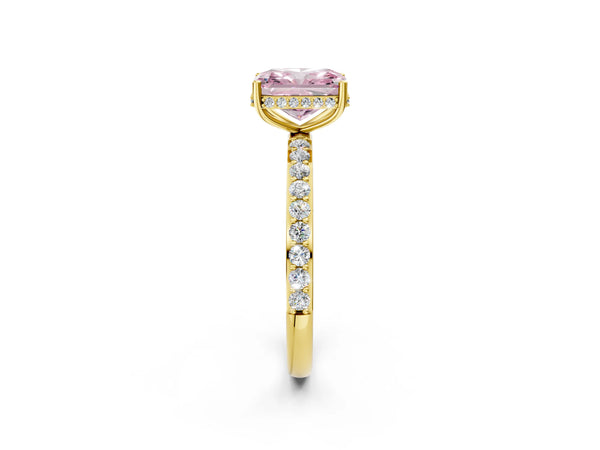 Yellow gold Fancy Pink Radiant Cut Diamond Solitaire Ring with Pavé Band and Hidden Halo