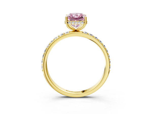 Yellow gold Fancy Pink Radiant Cut Diamond Solitaire Ring with Pavé Band and Hidden Halo