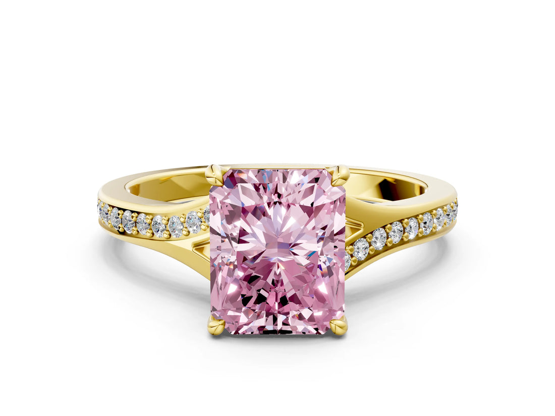 Yellow gold Fancy Pink Radiant Cut Diamond Solitaire Ring with Pavé Band and Prong Setting_12