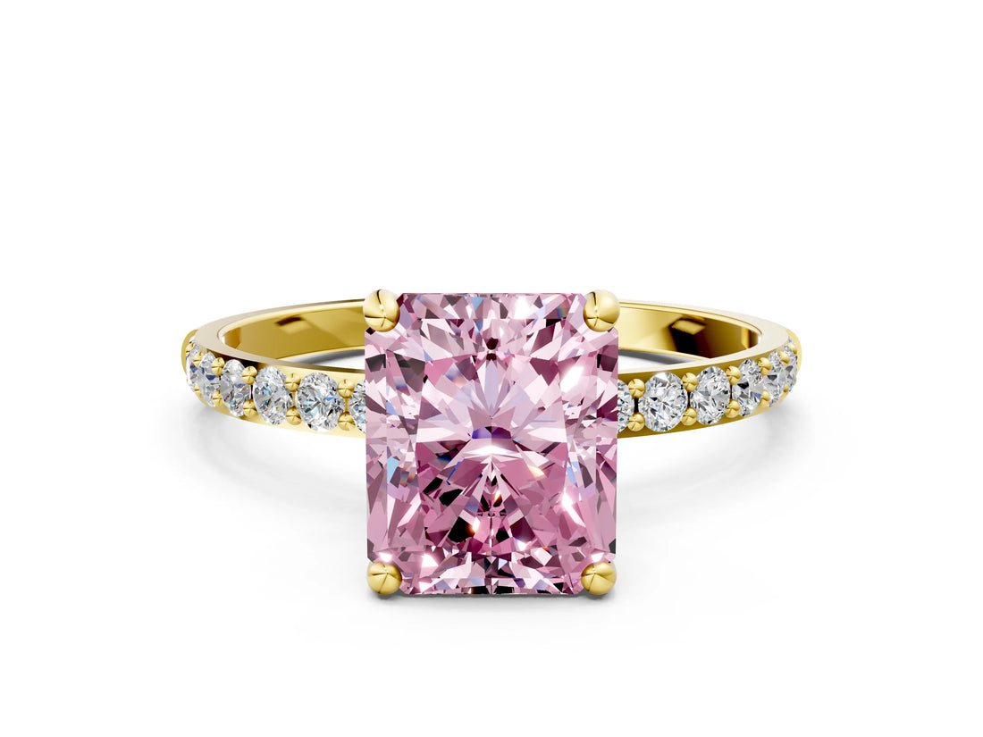 Yellow gold Fancy Pink Radiant Cut Diamond Solitaire Ring with Pave Band and Four Prong Setting_104