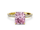 Yellow gold Fancy Pink Radiant Cut Diamond Solitaire Ring with Pave Band and Four Prong Setting_104