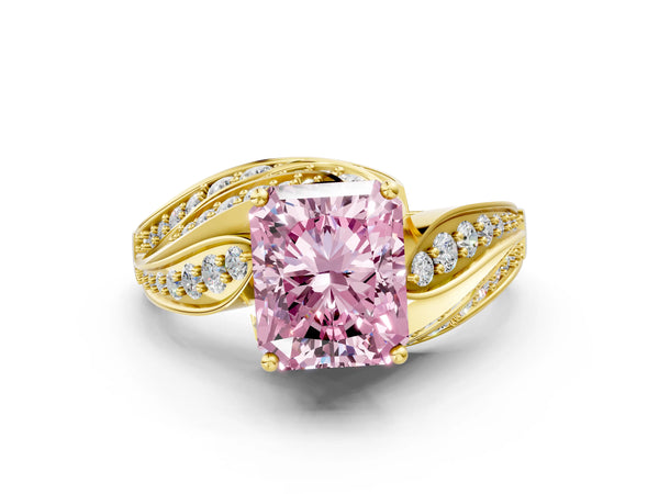 Yellow gold Fancy Pink Radiant Cut Diamond Solitaire Ring with Prong Setting and Twisted Pavé Band