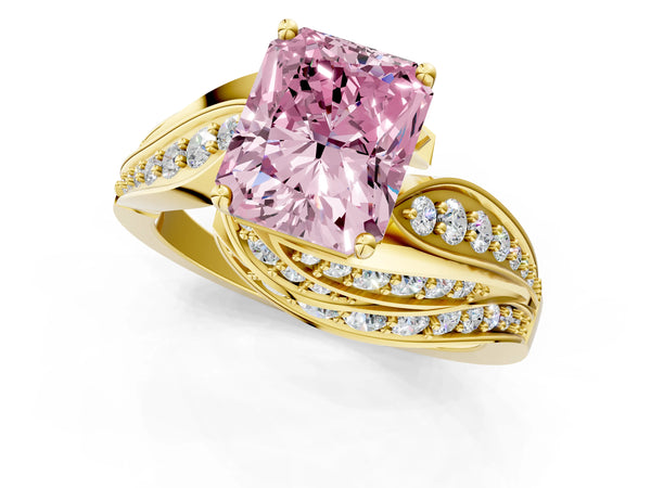 Yellow gold Fancy Pink Radiant Cut Diamond Solitaire Ring with Prong Setting and Twisted Pavé Band