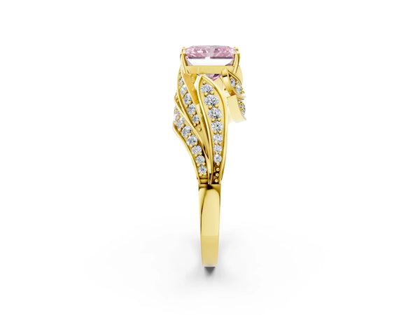 Yellow gold Fancy Pink Radiant Cut Diamond Solitaire Ring with Prong Setting and Twisted Pavé Band